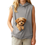 Girls' Sleeveless Hoodie with Pet Pouch – Kids Casual Top Ages 3-14